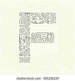 Vector Mono Line style Geometric Font Your for Text, Slogan, Template or Advertising. Golden Monogram Design element for Labels and Badges. Letter F