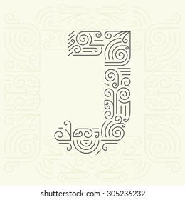 Vector Mono Line style Geometric Font Your for Text, Slogan, Template or Advertising. Golden Monogram Design element for Labels and Badges. Letter J