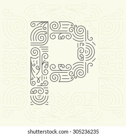 Vector Mono Line style Geometric Font Your for Text, Slogan, Template or Advertising. Golden Monogram Design element for Labels and Badges. Letter P