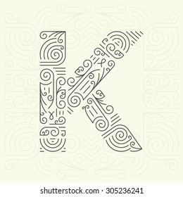 Vector Mono Line style Geometric Font Your for Text, Slogan, Template or Advertising. Golden Monogram Design element for Labels and Badges. Letter K