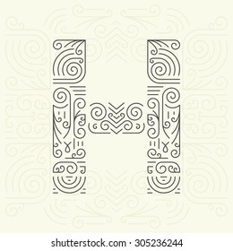 Estilo de línea vectorial Mono Fuente geométrica Su para texto, eslogan, plantilla o publicidad. Elemento Golden Monogram Design para etiquetas y distintivos. Letra H