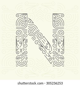 Vector Mono Line style Geometric Font Your for Text, Slogan, Template or Advertising. Golden Monogram Design element for Labels and Badges. Letter N