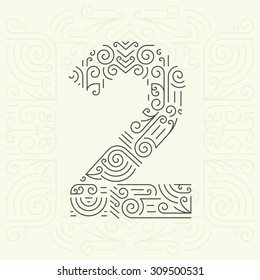 Vector Mono Line style Geometric Font for Your Text. Golden Monogram Design element for Labels and Badges. Number 2