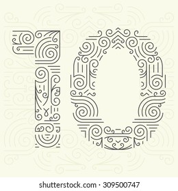 Tipo de letra geométrica del tipo de línea monocasco vectorial para el texto. Elemento Golden Monogram Design para etiquetas y distintivos. Número 10