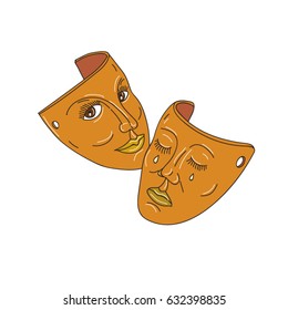 Vector  Mono line style illustration of masks associated with drama representing division between comedy and tragedy using ancient Greek Muses, Thalia the laughing face,and  Melpomene, weeping face.