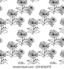 Vector of a monochromatic floral seamless pattern on a clean white backdrop. A black and white flower pattern on a white background