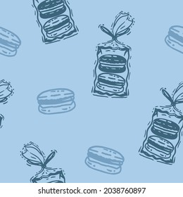 Vector Monochromatic French Macarons Packaging in Blue seamless pattern background. Perfect for web design fabric, wallpaper and scrapbooking projects.