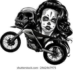 Vektorgrafik monochromatische Illustration des Motorrads mit Make-up Frau und Schädel
