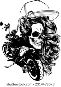 vector monochromatic illustration Motorcycle woman skull with