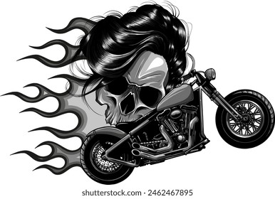 vector monochromatic illustration Motorcycle with woman skull and flames on white background