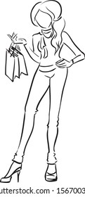 Vector monochromatic image with elegant girl in jeans with packs after shopping/Girl in jeans with packages after shopping 