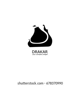 Vector monochromatic logo, emblem, design concept, logotype element for template, stock vector, trade mark, name flag, iconic logo, identity. Translation: Drakar - viking ship, boat, sailing vessel silhouette.