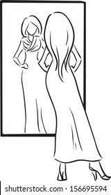 Vector monochromatic picture with young woman trying dress, looking at mirror/Young girl tries on a dress 