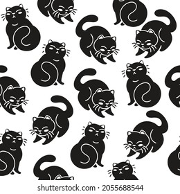 Vector Monochromatic Seamless Pattern Cute Cats Stock Vector (Royalty ...