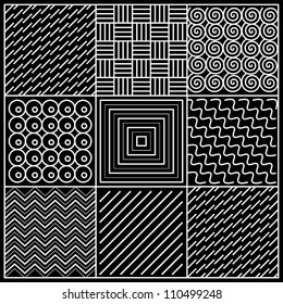 Vector monochromatic square tails with geometric pattern for wrapping paper or fabrics.