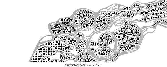 Vector monochrome abstract background frame. Texture of chaotic waves, particles, circles. Group of cells, information grid. Neuro graphics. Poster for business, technology, medicine, presentations.