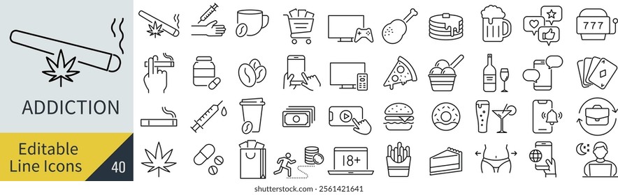 
Vector Monochrome Addiction Line Art Icon Set