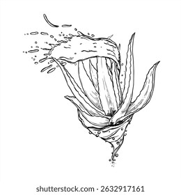 Vector monochrome aloe plant in swirling water tornado with flying droplets graphic sketch illustration. Antiseptic water wave etching drawing for spa branding, herbal cosmetics, eco packaging.