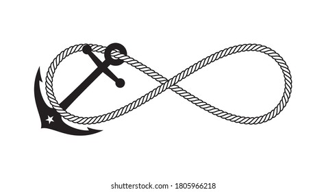 Vector monochrome anchor symbol with endless rope. Isolated on white background.