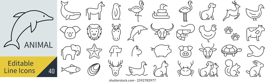 A vector monochrome animal line art icon set