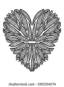 Vector monochrome arrangement in the shape of a heart. Beautiful heart card for Valentine's greeting card, coloring book