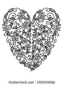 Vector monochrome arrangement in the shape of a heart. Beautiful heart card for Valentine's greeting card, coloring book