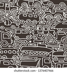 Vector monochrome auto pattern, doodle lines, black and white grunge background. Abstract kids surface, cartoon childish pattern