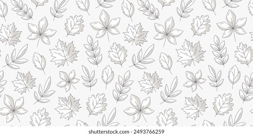 Vector monochrome autumn natural seamless pattern with maple, oak, chestnut, rowan, aspen leaves. Isolated background. Fall endless backdrop. For fabric, paper, textile, gift wrap, cover or wallpaper