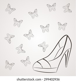 Vector monochrome background with filigree butterflies of women's shoes with high heels.