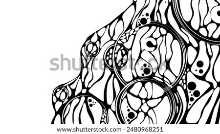 Vector monochrome background frame. Neurotrophic texture of network. Cosmic pattern. Design plex of chaotic circles, spheres, lines. Poster presentations, business, science, computer screensaver.