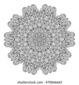 Vector monochrome background. Hand drawn round ornament. Template for greeting card, postcard or adult coloring book. Lace design mandala. Detailed illustration.