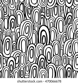 Vector monochrome background. Hand drawn ornament. Template for greeting card, postcard or adult coloring book. Ellipse design backdrop. Detailed geometric illustration.