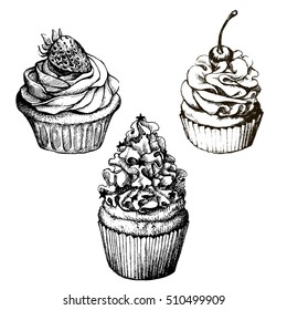 Vector monochrome background. Hand drawn sweet cupcakes collection with strawberry and cherry. Set for greeting card, postcard or adult coloring book. Cute food illustration.