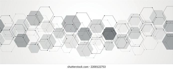 Vector monochrome background. Texture halftone of geometric shapes, hexagons. Lines dots, cells, honeycombs. Banner of medicine, technology, landing pages of websites.	