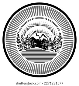 Vector monochrome badge template for design with elements of nature. Sunrise in mountains against the background of the forest.