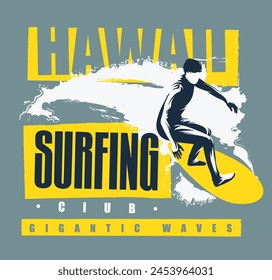 vector monochrome banner logo drawing of a surfer on a board riding the waves at sea with lettering Hawai surfing club