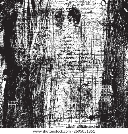 Vector monochrome banner with a realistic tree,  wooden texture, bark, knots, illegible text in a gothic style. Scary, magical, fairytale like, and mystical. For Halloween party. No ai