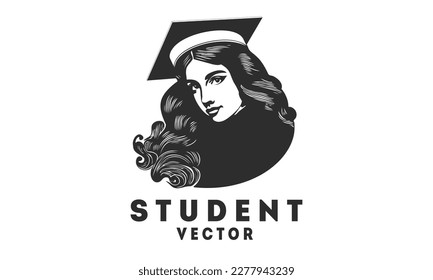 Vector monochrome beautiful young pleasant cute girl teenager student. Logo, sticker or icon. White isolated background.