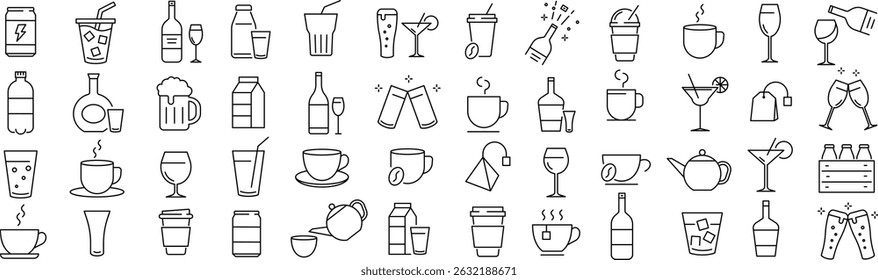 Vector Monochrome Beverage Line Icon Set