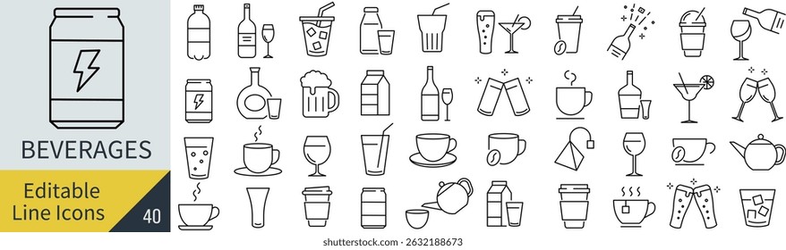 Vector Monochrome Beverage Line Icon Set