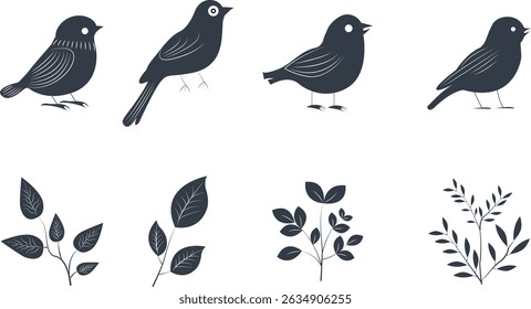 Vector monochrome birds and branches with leaves