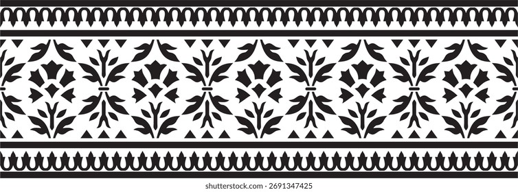 Vector monochrome black endless turkish national ornament. Seamless ottoman border, frame. Ethnic floral pattern of Seljuk Turks. Decoration of the Sultan's palaces.
