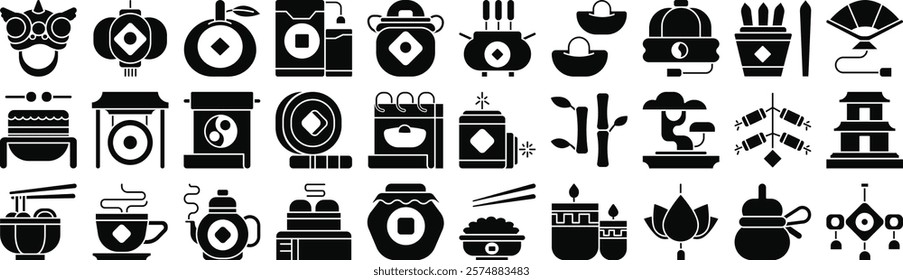 Vector monochrome black fill icon set for lunar new year events