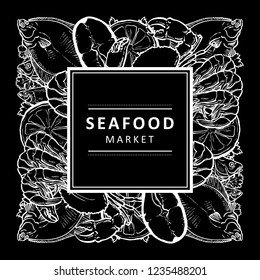 Vector monochrome black fish market, seafood restaurant, cafe logo, advertising poster with square underwater animals sketch pattern. Marine composition with flatfish meat steak, crawfish lemon slice