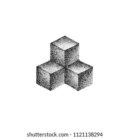 vector monochrome black retro dot art hand drawn cubical geometric volumetric blackwork design element vintage tattoo style decoration isolated shape illustration white background
