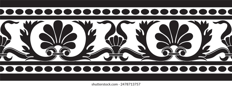 Vector monochrome black seamless classic renaissance ornament. Endless european border, revival style frame.
