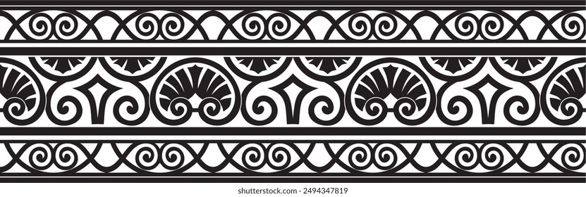 Vector monochrome black seamless classic renaissance ornament. Endless european border, revival style frame.
