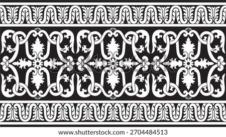 Vector monochrome black seamless classic renaissance ornament. Endless european border, revival style frame.
