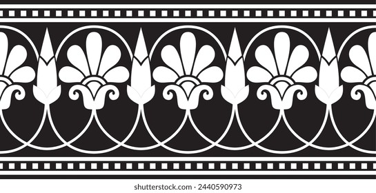 Vector monochrome black seamless classical Greek meander ornament. Pattern of ancient Greece. Border, frame of the Roman Empire.
