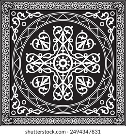 Vector monochrome black square Yakut ornament. An endless rectangular border, a frame of the northern peoples of the Far East.